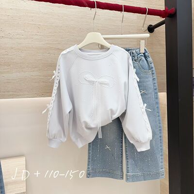 女童秋款套装2026中小童韩版百搭蝴蝶结钉珠卫衣+直筒烫钻牛仔裤