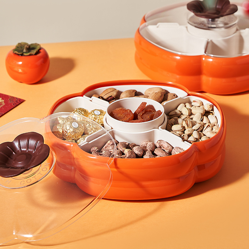 糖果盒新年坚果零食盘中式柿柿如意分格果盒带盖坚果盒糖果收纳盒