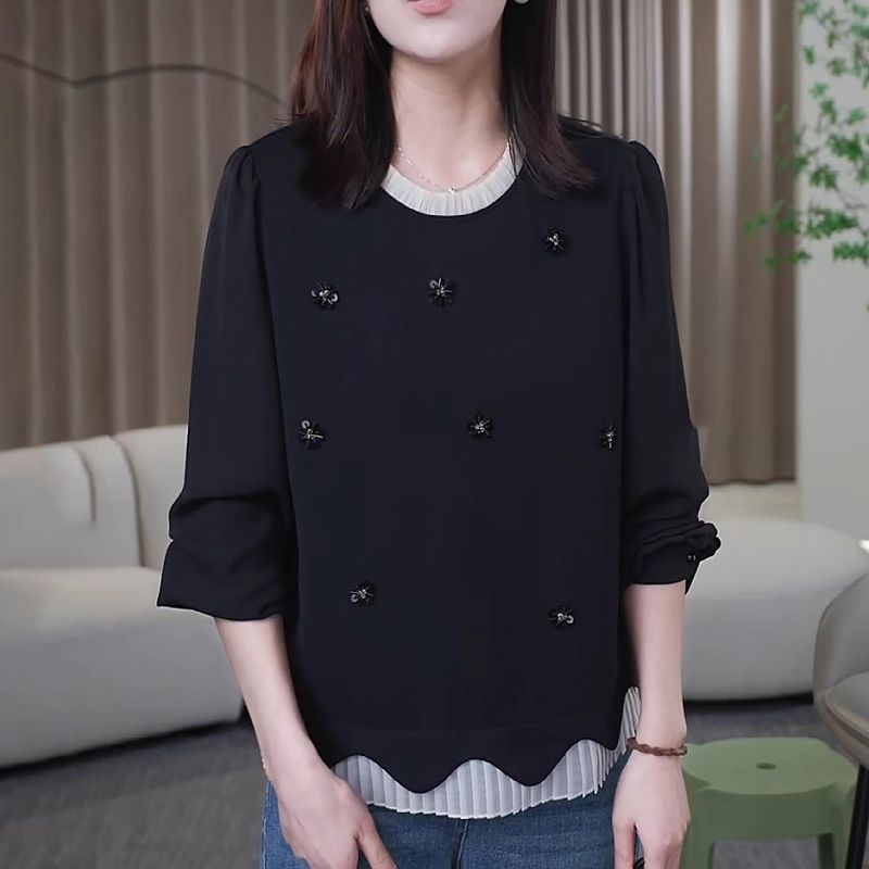 大码胖mm钉珠长袖假两件衬衫女