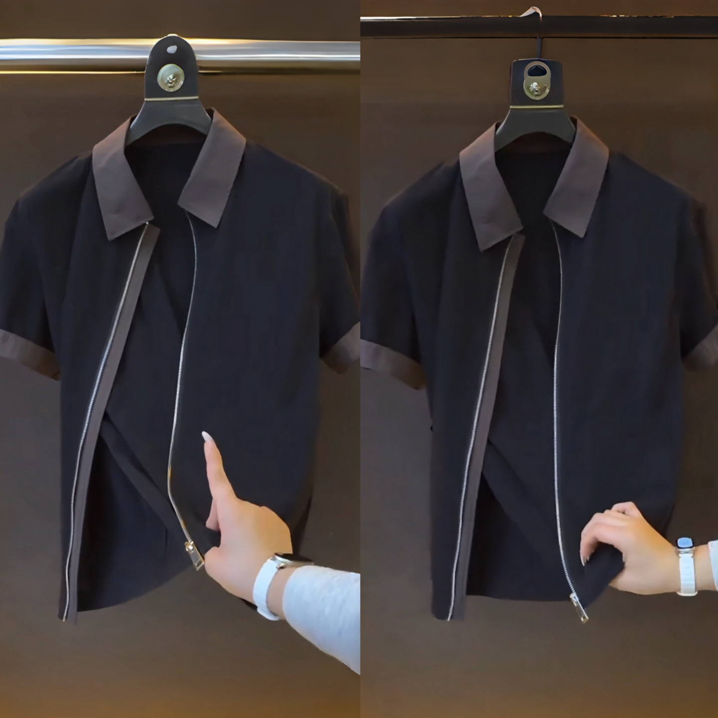 顶奢欧货拼色翻领短袖衬衫春季新品男士时尚简约高级轻奢拉链上衣