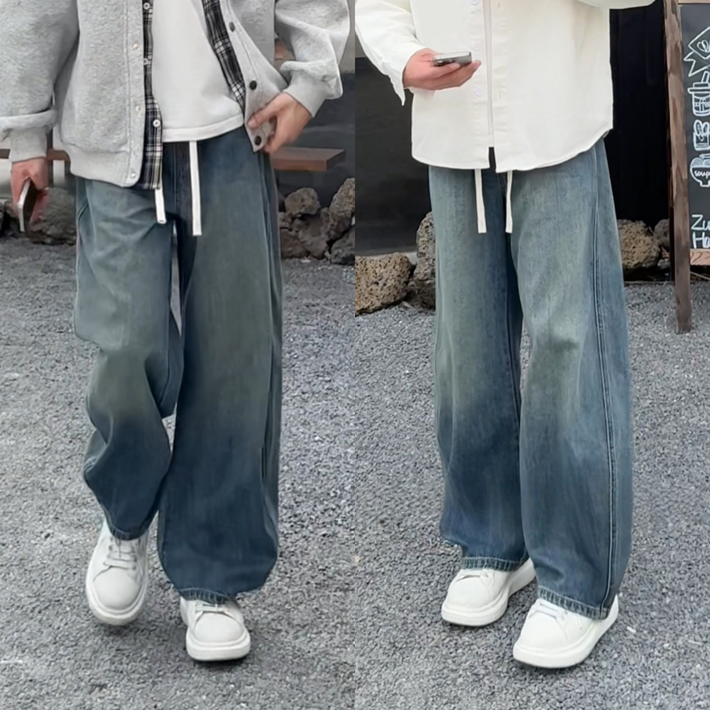 春季美式潮流复古水洗直筒牛仔裤男立体剪裁简约百搭抽绳休闲长裤