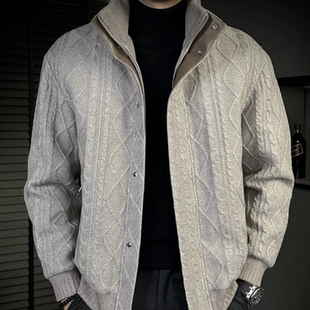 轻奢风立领针织夹克男士冬季上新时尚外套灰色百搭高级感棉服上衣