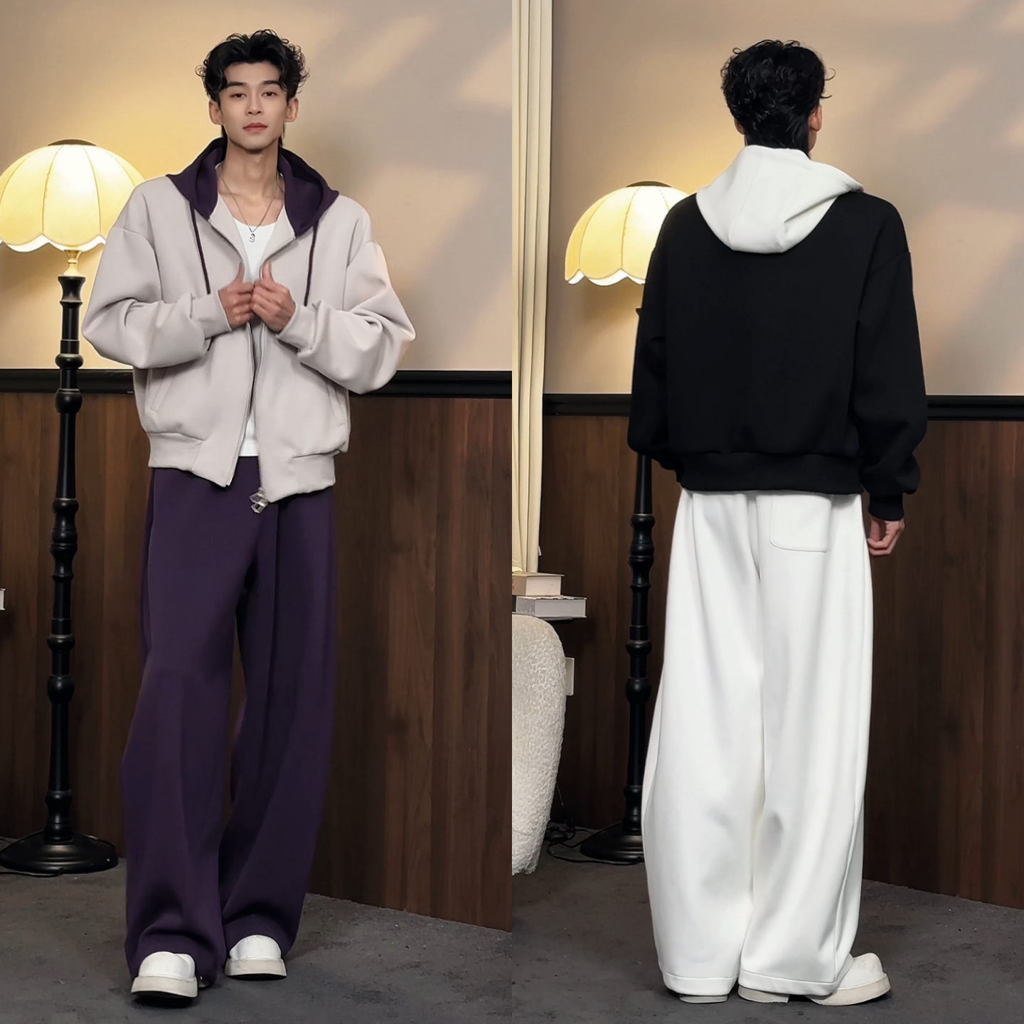 春季潮流连帽卫衣外套休闲裤两件套个性百搭拼色男士休闲运动套装