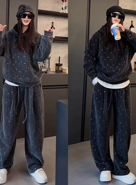直播间同款秋季加厚毛感套装男女款彩织连帽卫衣休闲裤冬季两件套