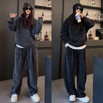 秋冬加厚毛感彩织套装男女同款