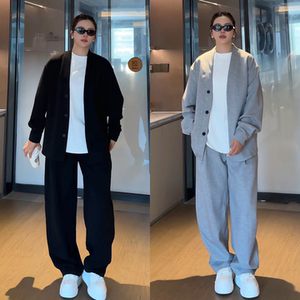 秋季新款复古慵懒风两件套开衫休闲外套压褶休闲裤套装男女同款潮