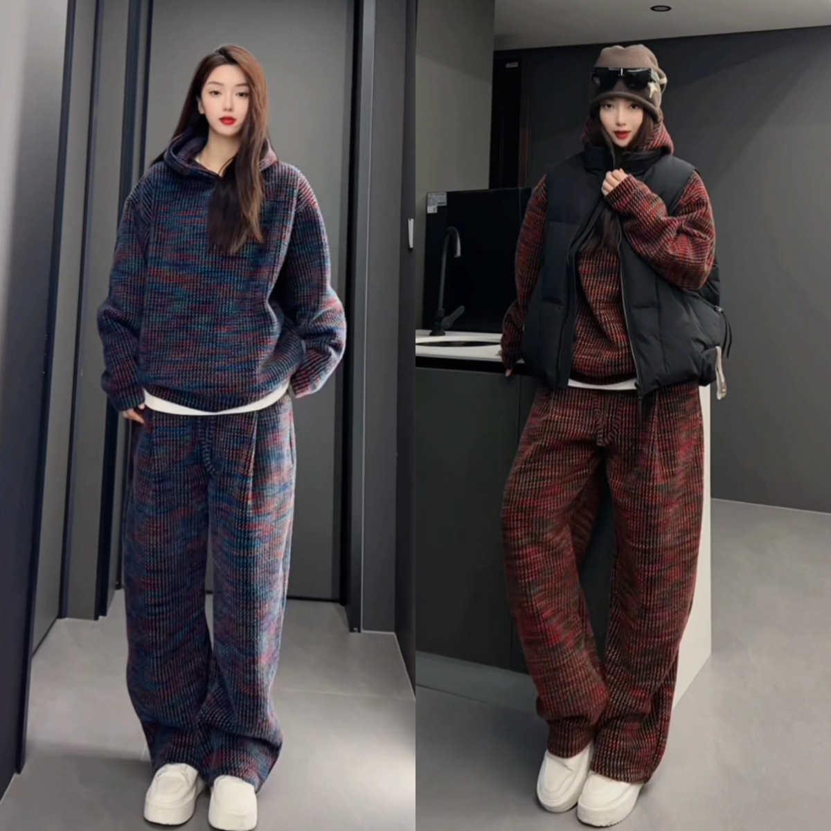 冬季高级感撞色加绒加厚连帽套装