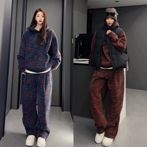 冬季高级感撞色加绒加厚连帽套装