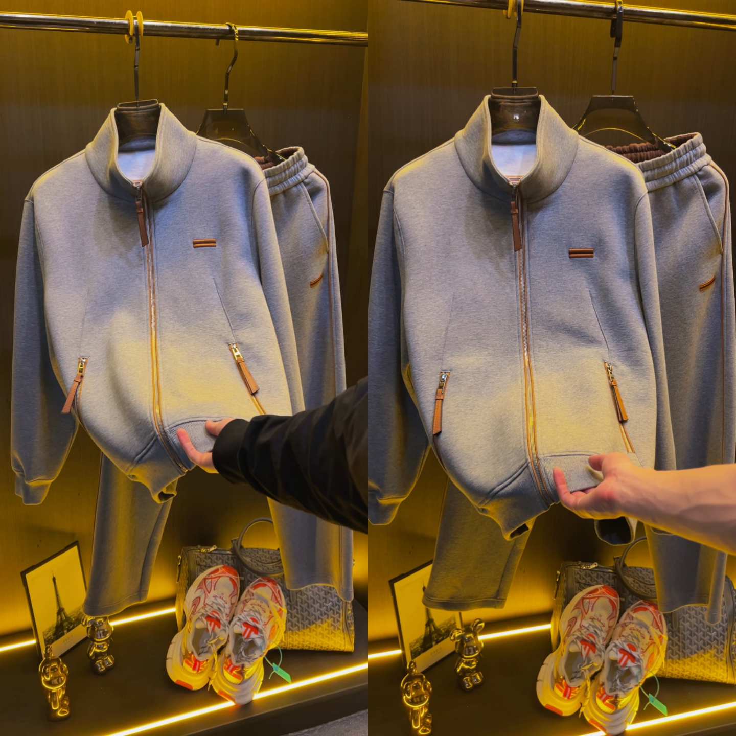 春季男士灰色立领卫衣外套直筒休闲裤两件套轻奢老钱风运动套装潮