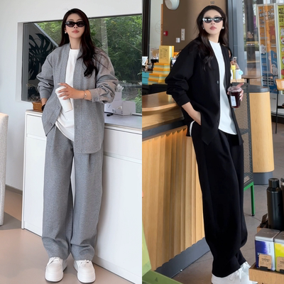 男女同款时尚套装春季简约纯色开衫卫衣外套+休闲裤两件套潮牌INS