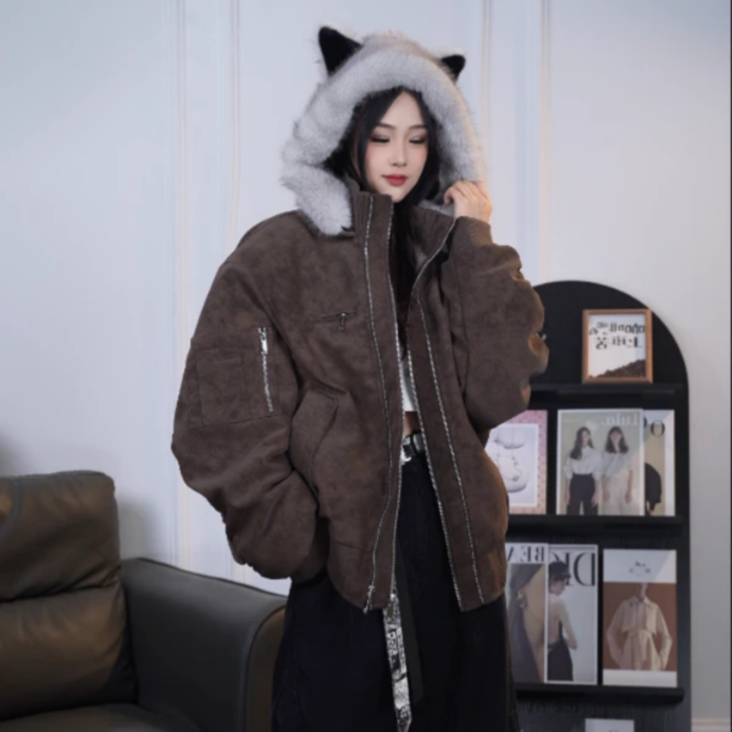 冬季美式保暖座山雕风连帽夹克加厚高级感拉链设计感外套情侣同款