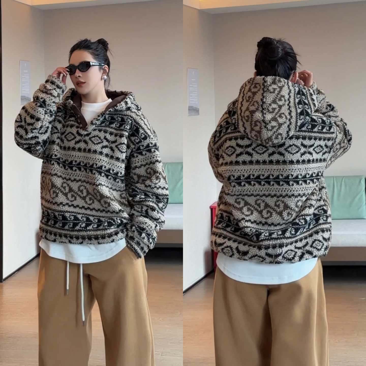 复古费尔岛风连帽卫衣冬季新款潮牌时尚男女情侣装民族纹外套上衣