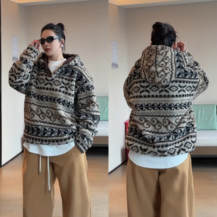 复古费尔岛风连帽卫衣冬季新款潮牌时尚男女情侣装民族纹外套上衣