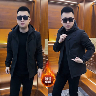 商务风连帽夹克男士冬季加棉保暖黑色拉链外套通用防寒防风棉服潮