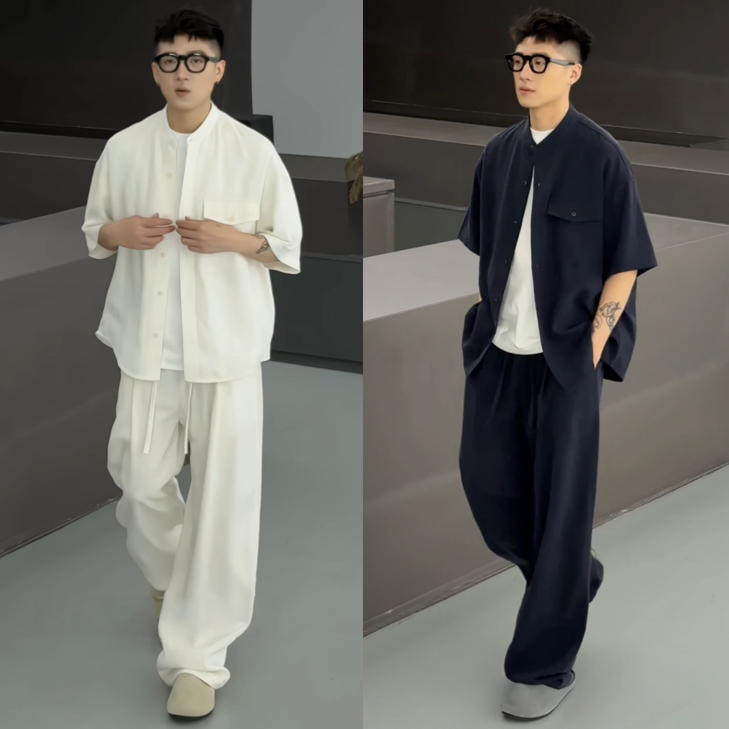 夏季极简老钱风清凉套装男士时尚高级立领衬衫长裤两件套轻薄透气