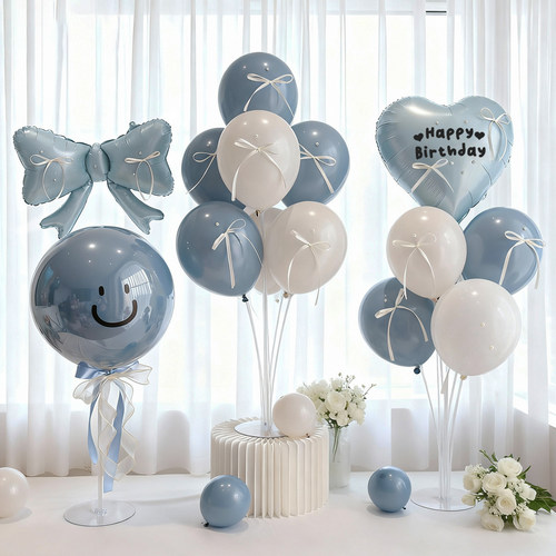 暮光粉蓝波波球心形蝴蝶结桌飘气球装饰儿童生日派对场景周岁布置