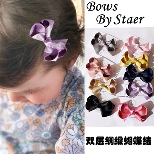 staer女童气质双层立体闪光绸缎蝴蝶结发夹公主刘海夹 bow