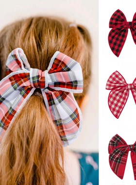 出口女童bows锈边圣诞蝴蝶结儿童发卡女童棉质大蝴蝶马尾夹头饰