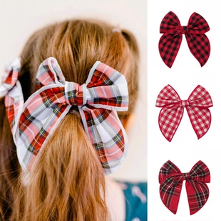 出口女童bows锈边圣诞蝴蝶结儿童发卡女童棉质大蝴蝶马尾夹头饰