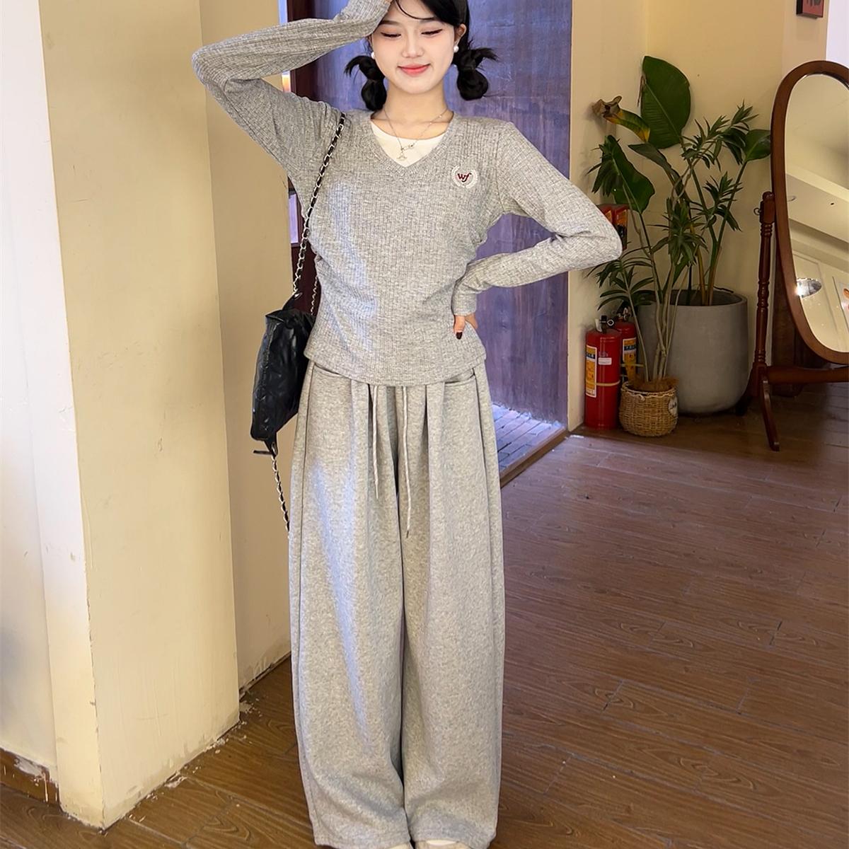 撞色假两件打底针织衫女