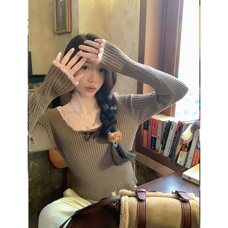 甜美花边长袖针织衫蝴蝶