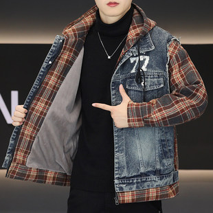 格子拼接假两件牛仔夹克男加绒加厚外套秋冬季 棉袄派克服 2025新款