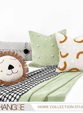 尚塞布艺绿色系样板房卡通儿童狮子男女小孩房床品组合装靠垫6件
