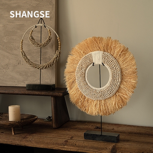 尚塞侘寂风中古风民宿样板房玄关贝壳摆件拉菲草创意艺术装饰品