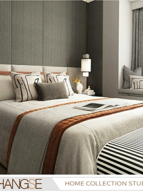 蓝梦格调样板房床上用品橙色轻奢现代风格四件套多件套抱枕9件套