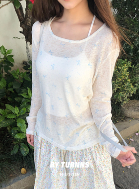 By turnns｜蝴蝶结｜透气轻薄淡蓝印花防晒长袖T恤宽松显瘦上衣