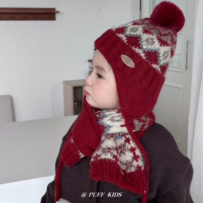 儿童帽子冬季费尔岛风帽子围巾两件套男女宝宝保暖防寒护耳针织帽