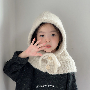 儿童帽子秋冬季女童毛线帽围巾宝宝围脖一体男童护耳女孩针织连帽