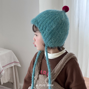 儿童帽子冬季针织可爱毛球系带护耳帽男女宝宝冬天户外保暖毛线帽