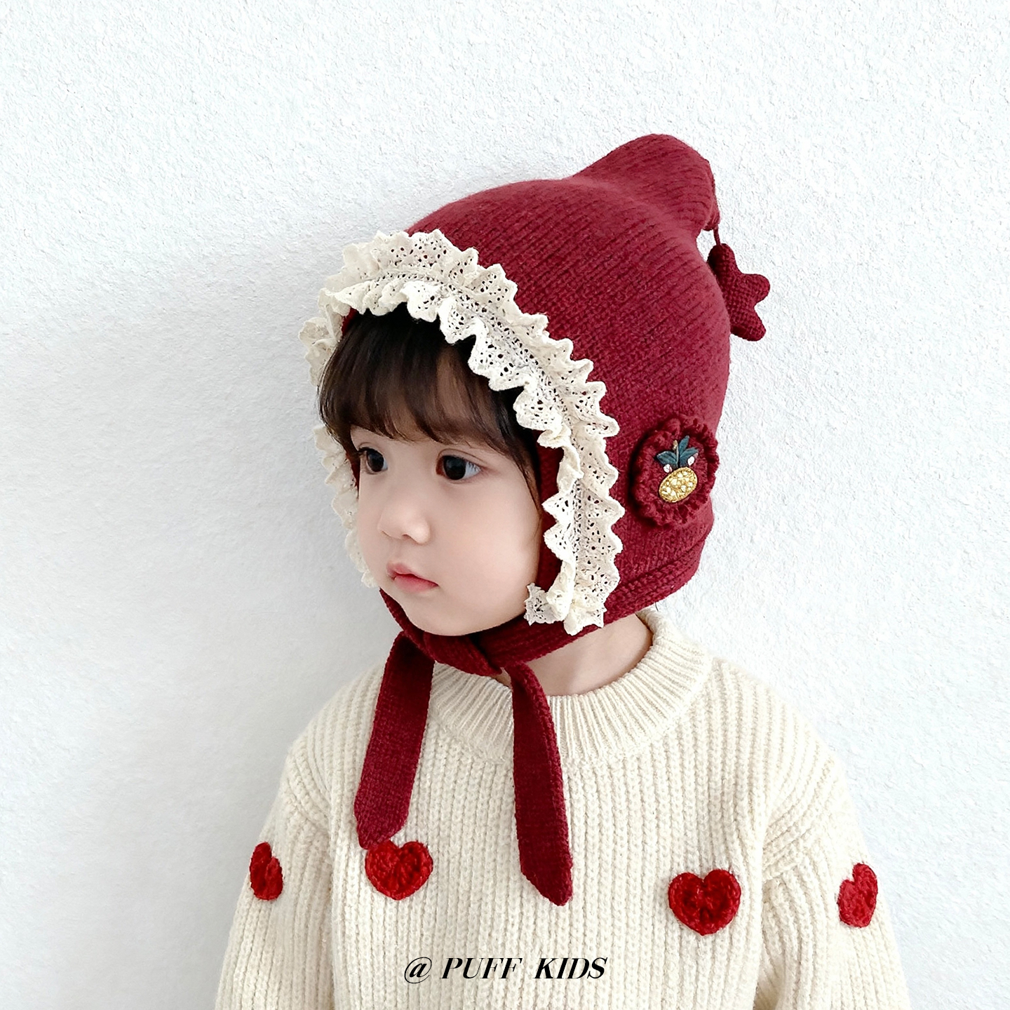 儿童帽子秋冬季小花双层护耳帽女宝宝防风针织毛线帽保暖精灵帽冬