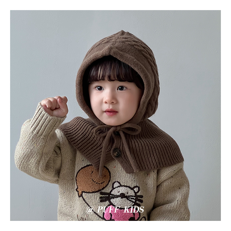 儿童拉法帽秋冬季帽子围脖一体宝宝保暖护耳帽男女童防寒毛线帽冬