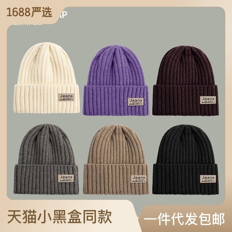 韩国百搭时尚贴标字母毛线帽休闲针织帽冬天保暖护耳帽子男女韩版