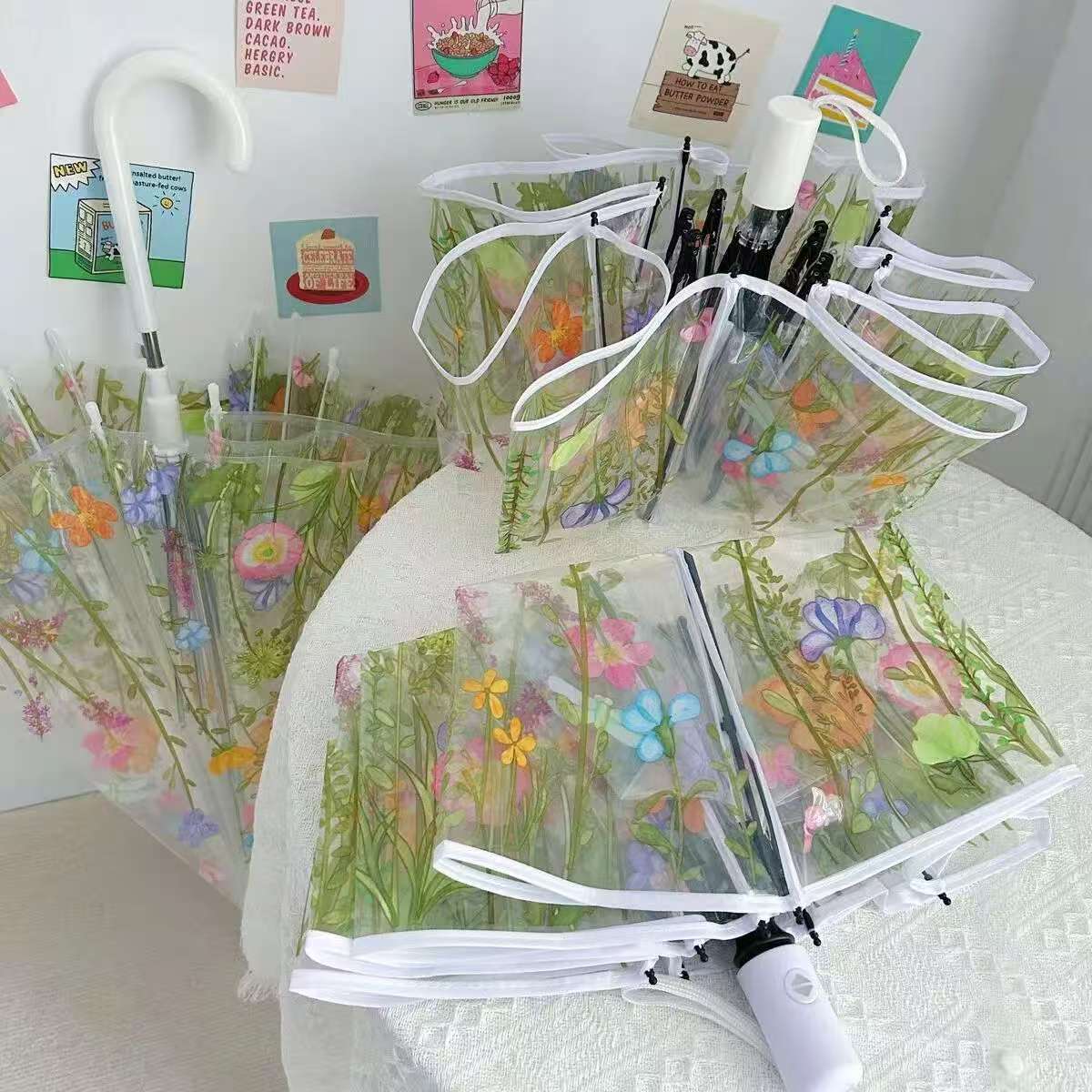 森系小清新花草透明雨伞加厚折叠手动自动长柄伞高颜值拍照神器