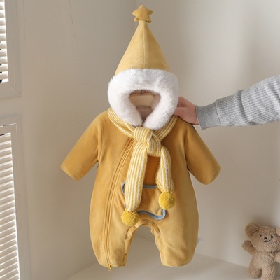 新生儿外出服加绒连帽休闲爬爬服