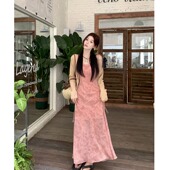 绑带针织开衫 灰粉调小鱼尾拼接吊带碎花连衣裙 女装 MM谢谢家大码