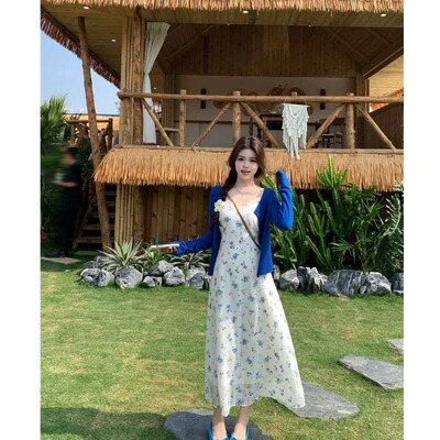碎花v领吊带连衣裙夏季收腰背心