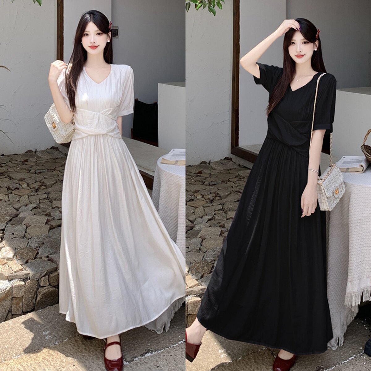 MM谢谢家大码法式茶歇温柔气质v领连衣裙收腰显瘦设计感沙滩长裙