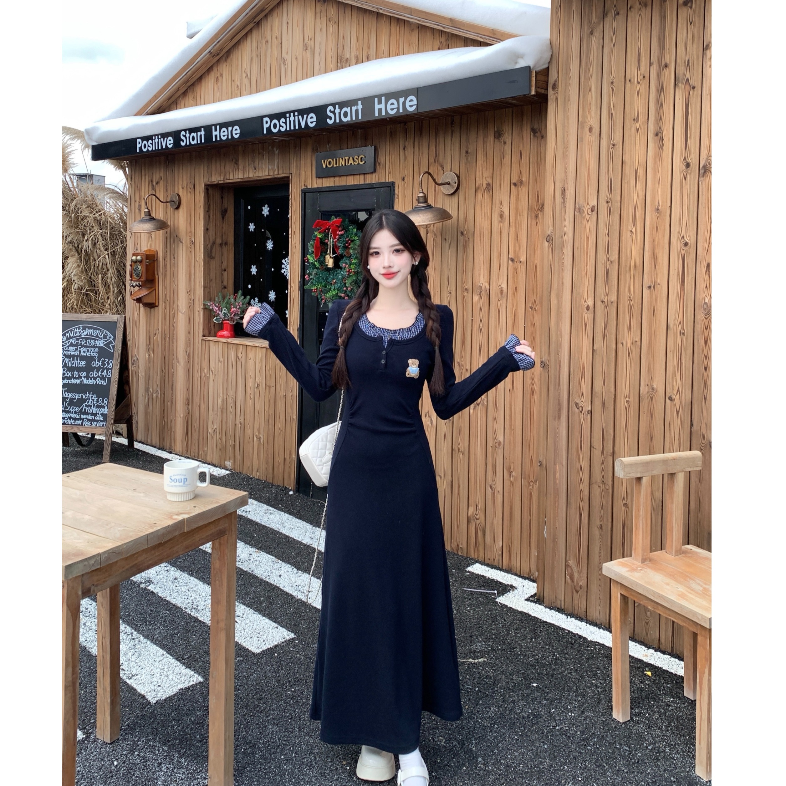 学院风美式掐腰显瘦长袖连衣裙