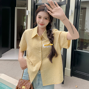 港风小众设计感女 MM谢谢家大码 夏季 新款 田园风小清新格子衬衫