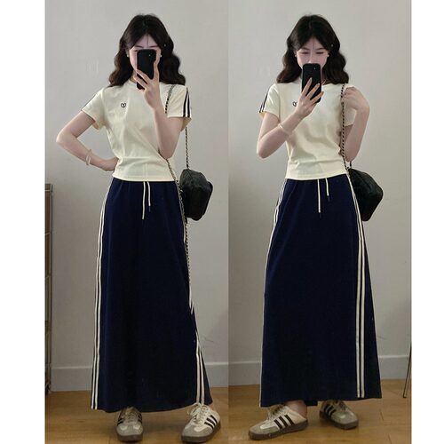 运动短袖T恤+高腰半身裙两件套装