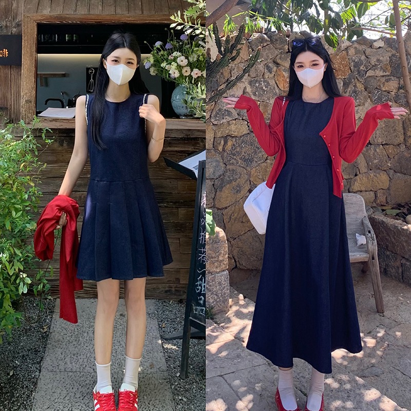 收腰连衣裙+长袖防晒开衫两件套