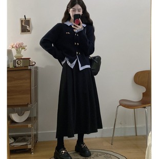 MM谢谢家大码假两件加厚开衫毛衣外套女拼接衬衫搭配半身裙两件套