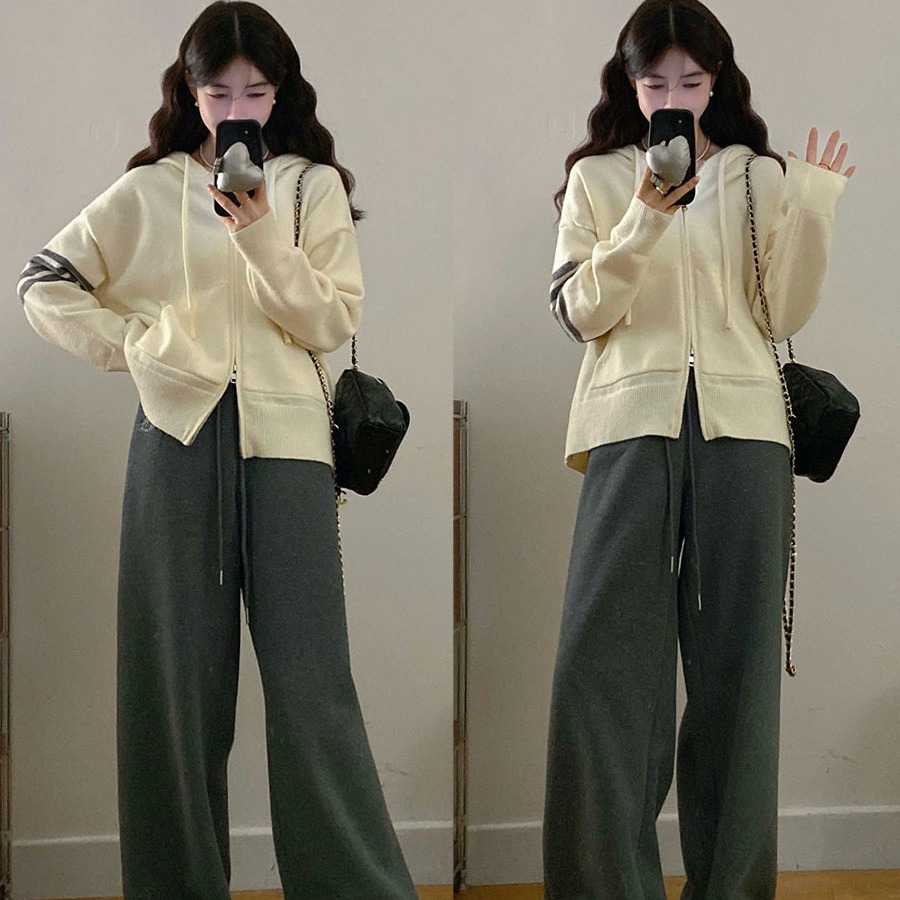 针织外套宽松加绒加厚阔腿卫裤