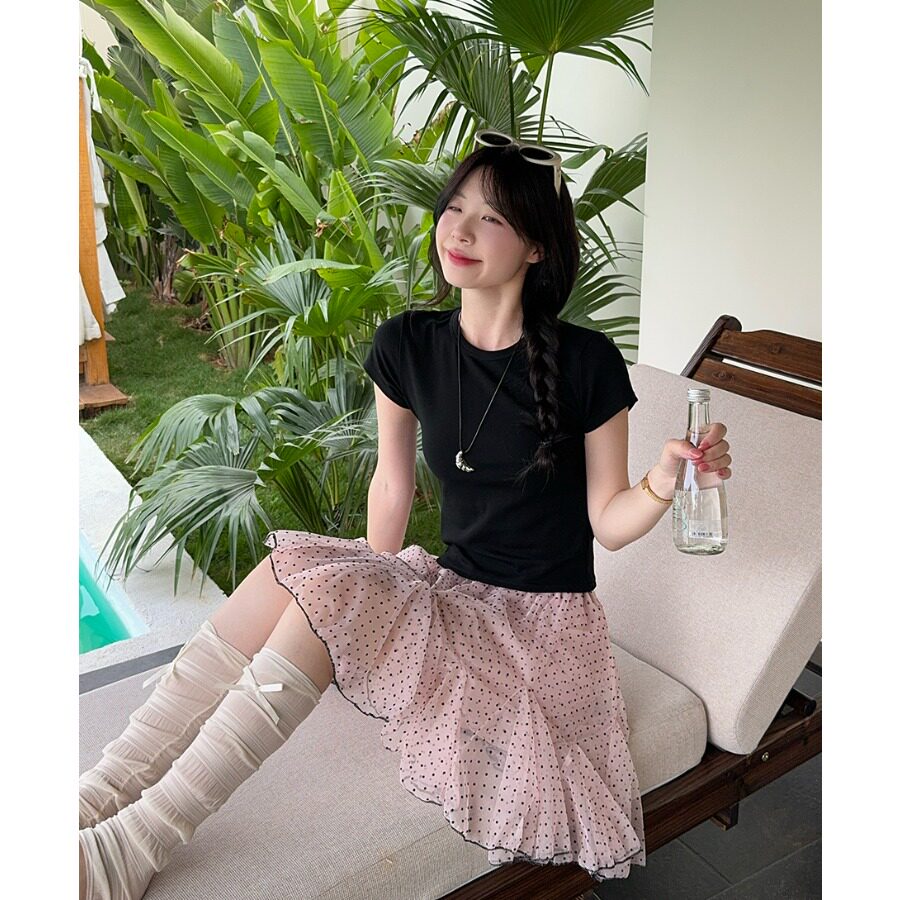 MM谢谢家大码纯色短袖T恤+波点网纱减龄甜美半身裙大摆短裙两件套