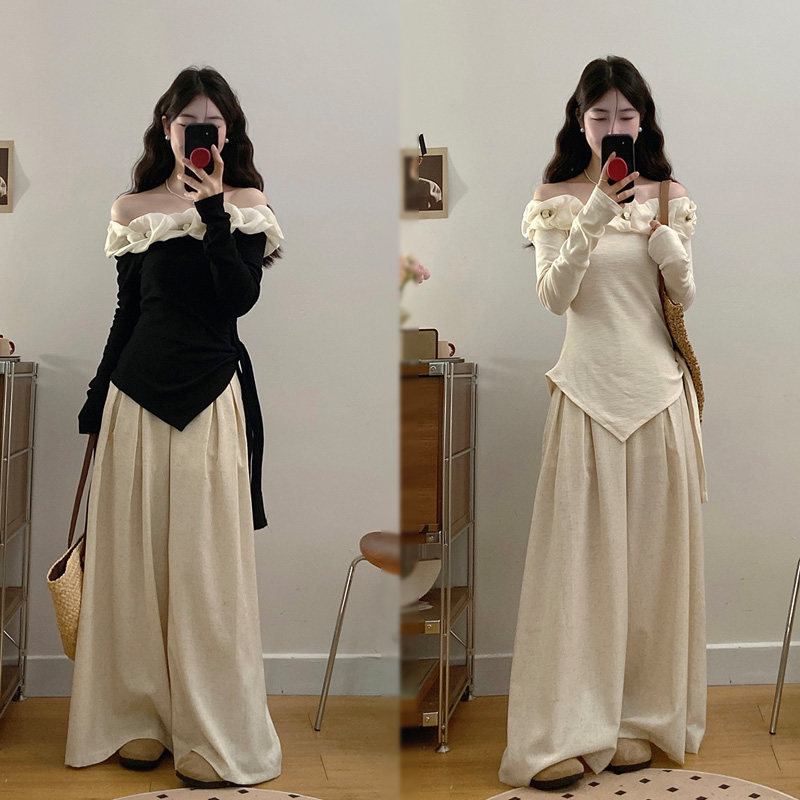 MM谢谢家大码2025新款法式立体花朵一字肩上衣女+休闲阔腿裤套装,女装/女士精品,大码套装,淘宝优惠券,粉丝福利购,淘宝优惠卷