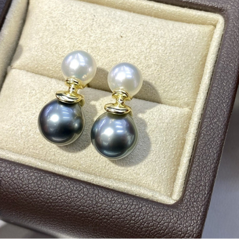 S925银耳环8-9mm大溪地黑珍珠7